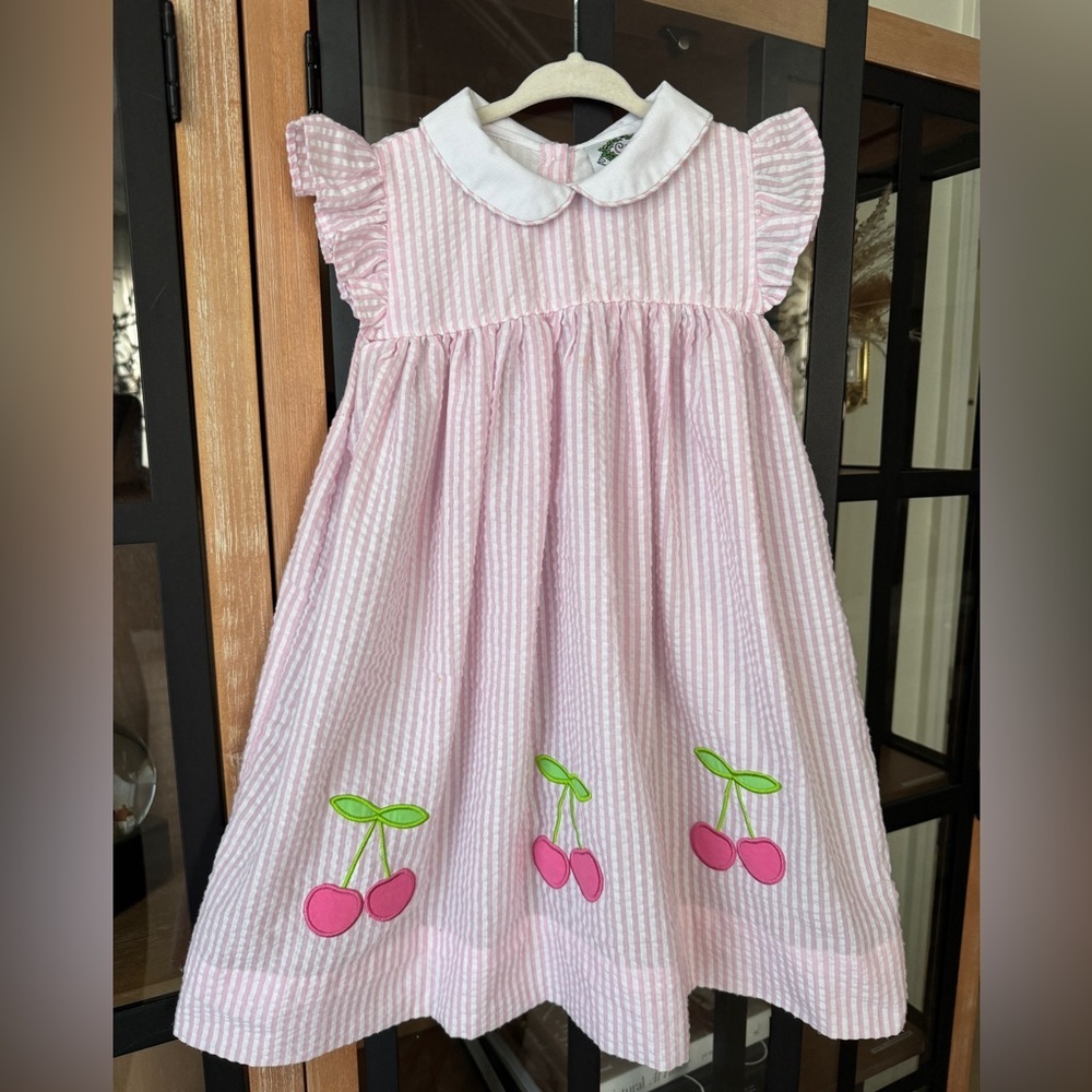 Cecil & Lou cherry applique dress seersucker ruffle toddler collar embroidered